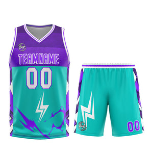 Uniforme de baloncesto personalizado color púrpura cian con tu logotipo-nombre y número impresos