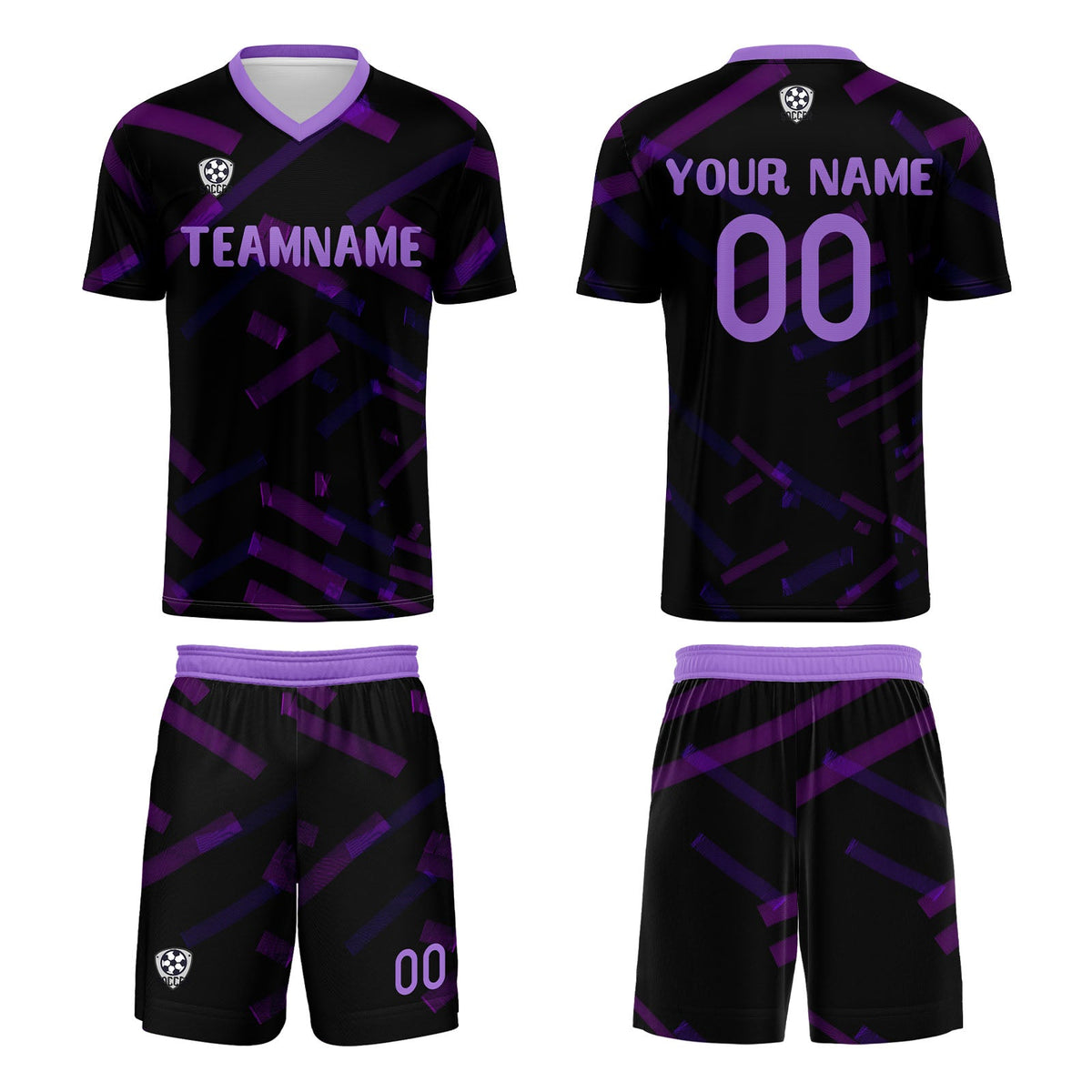Conjunto personalizado de camiseta de fútbol negra y morada para niños y adultos