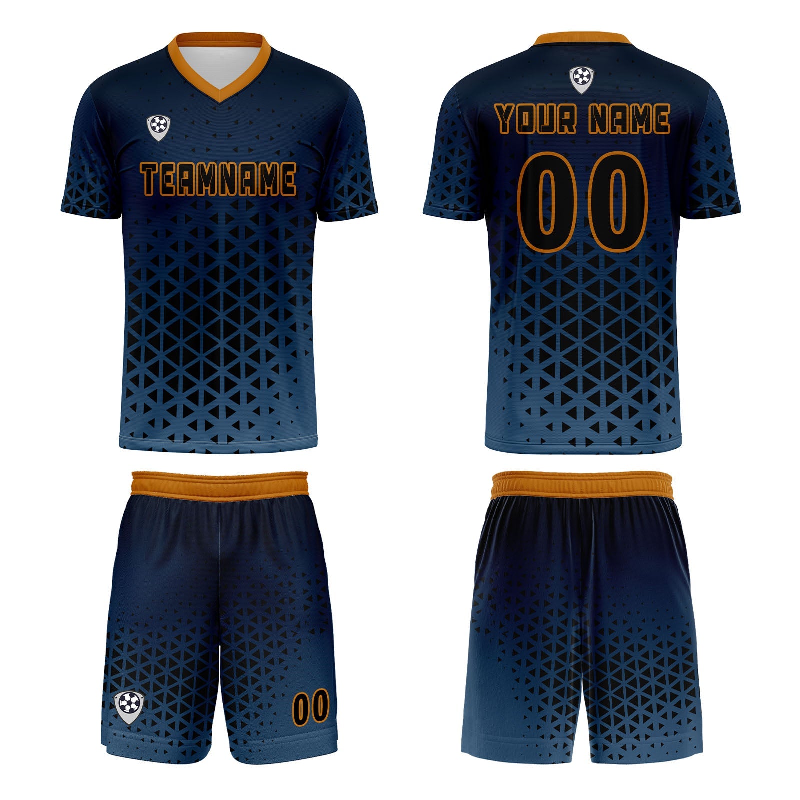 Conjunto personalizado de camiseta de uniforme azul y naranja para niños y adultos