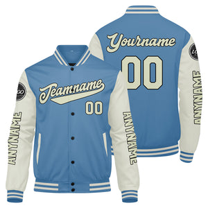 Chaquetas universitarias personalizadas azul claro crema para hombres & mujeres y jóvenes & Chaquetas Letterman personalizadas