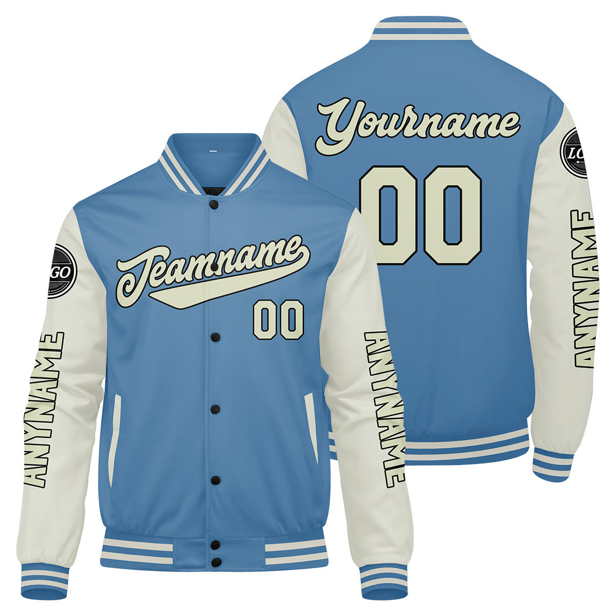 Chaquetas universitarias personalizadas azul claro crema para hombres & mujeres y jóvenes & Chaquetas Letterman personalizadas