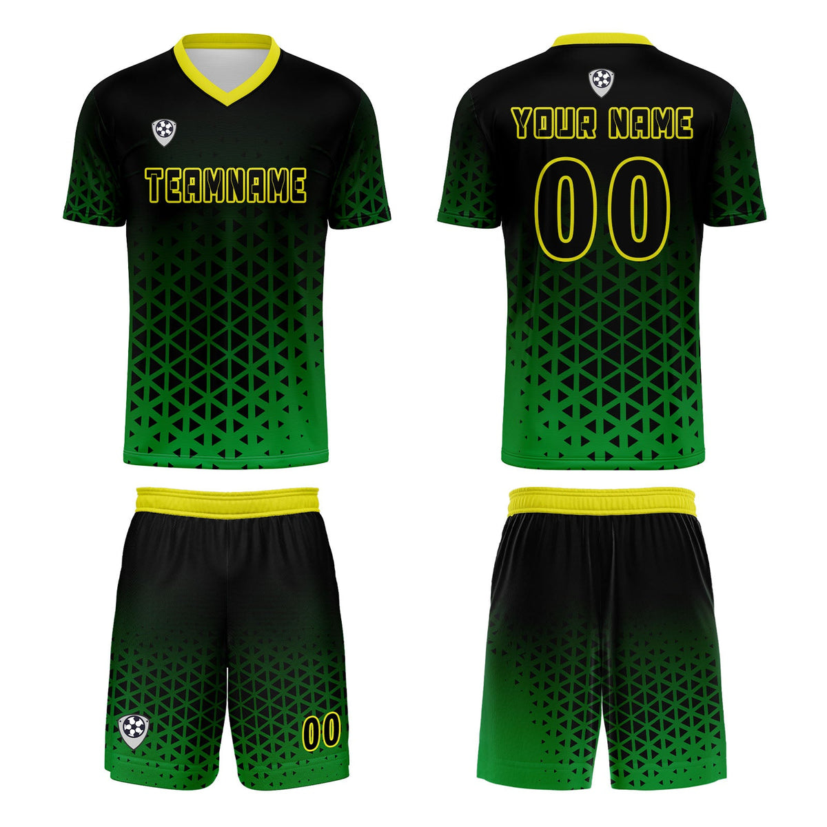 Conjunto personalizado de camiseta de uniforme verde y amarillo para niños y adultos