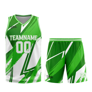 Uniforme de baloncesto personalizado verde y blanco con tu logotipo-nombre y número impresos