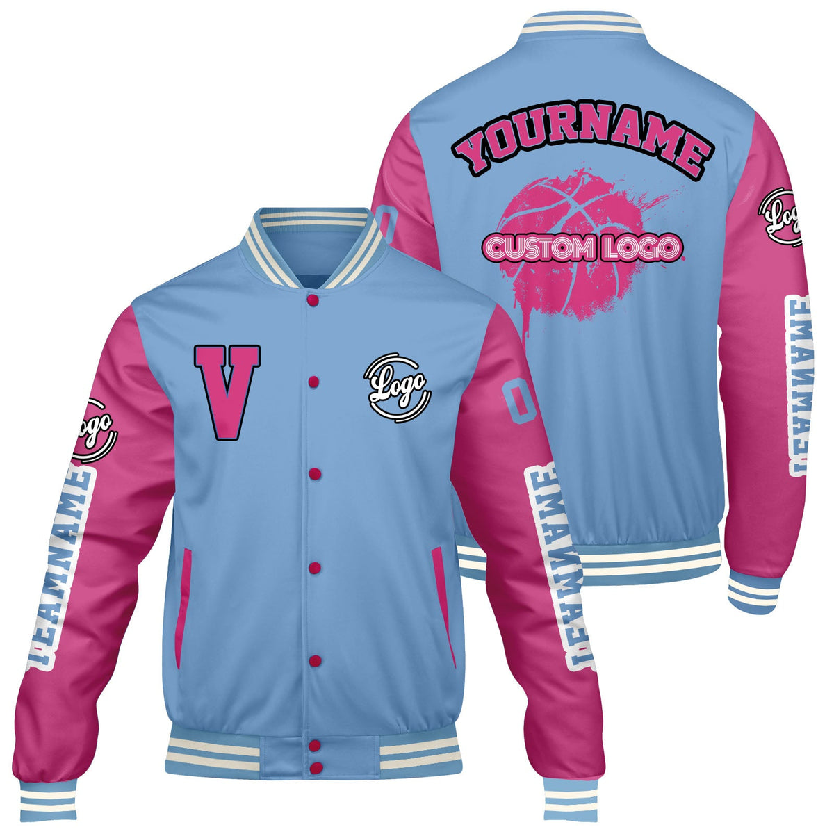 Chaquetas universitarias personalizadas en azul pálido y rosa para hombres & mujeres y jóvenes & Chaquetas tipo Letterman personalizadas