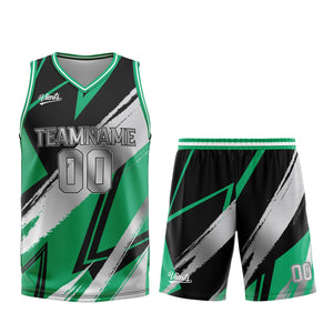 Uniforme de baloncesto personalizado en negro-verde y gris con tu logotipo-nombre y número impresos