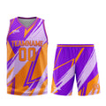 Uniforme de baloncesto personalizado de color morado y naranja con tu logotipo-nombre y número impresos