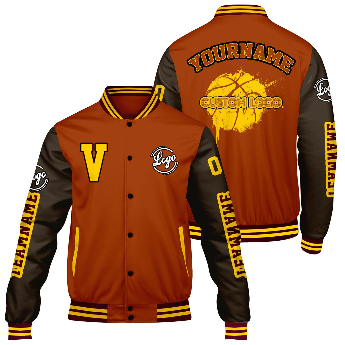 Chaquetas universitarias personalizadas de color naranja mate y marrón para hombres & mujeres y jóvenes & Chaquetas Letterman personalizadas