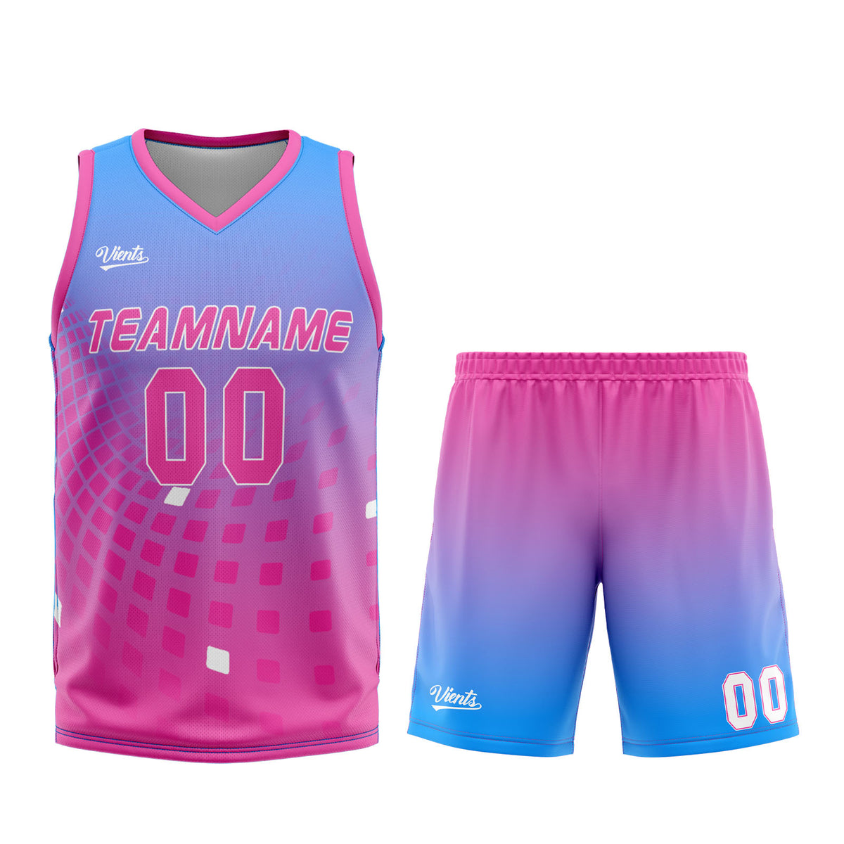 Uniforme de baloncesto personalizado azul y rosa con tu logotipo-nombre y número impresos