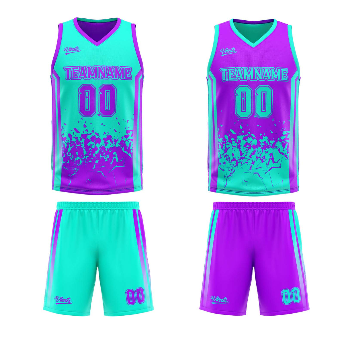 Traje de baloncesto reversible azul claro y morado claro personalizado para adultos y niños