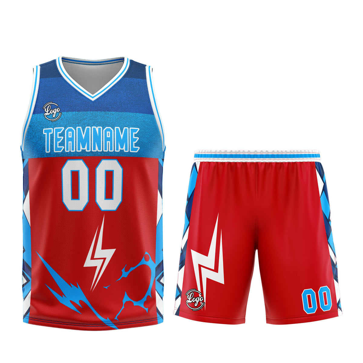Uniforme de baloncesto personalizado rojo y azul con tu logotipo-nombre y número impresos