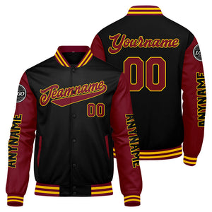Chaquetas universitarias personalizadas en color carmesí & negro y amarillo para hombres & mujeres y jóvenes & Chaquetas tipo Letterman personalizadas