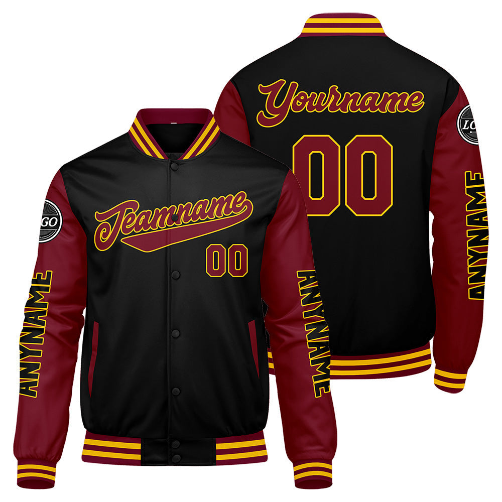 Chaquetas universitarias personalizadas en color carmesí & negro y amarillo para hombres & mujeres y jóvenes & Chaquetas tipo Letterman personalizadas