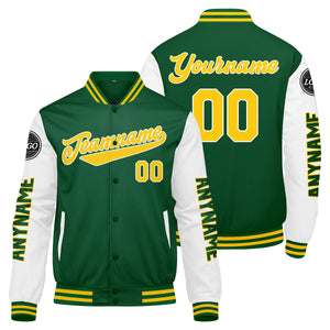 Chaquetas universitarias personalizadas en verde & amarillo y blanco para hombres & mujeres y jóvenes & Chaquetas Letterman personalizadas