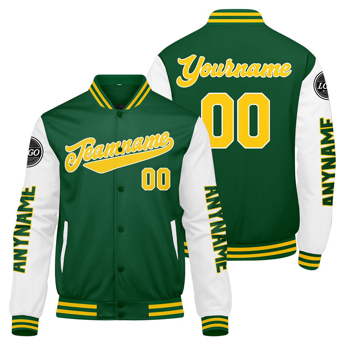 Chaquetas universitarias personalizadas en verde & amarillo y blanco para hombres & mujeres y jóvenes & Chaquetas Letterman personalizadas