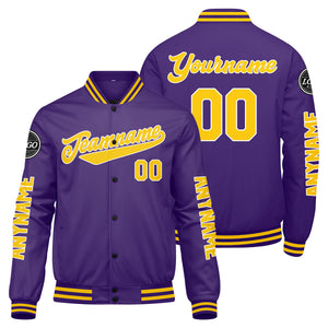 Chaquetas universitarias personalizadas en color morado y amarillo para hombres & mujeres y jóvenes & Chaquetas tipo Letterman personalizadas