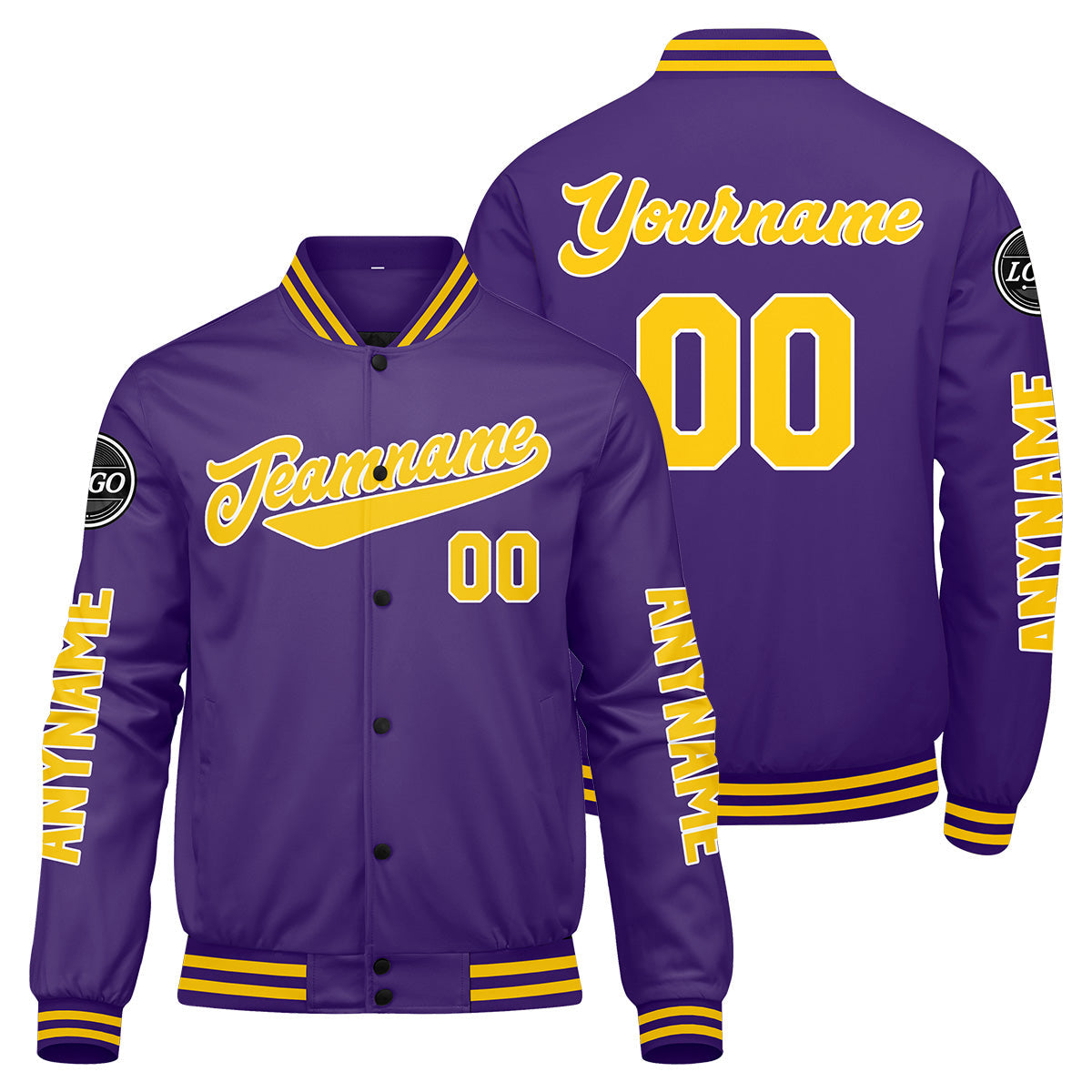 Chaquetas universitarias personalizadas en color morado y amarillo para hombres & mujeres y jóvenes & Chaquetas tipo Letterman personalizadas