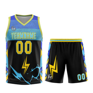 Uniforme de baloncesto personalizado en negro-azul y amarillo con tu logotipo-nombre y número impresos