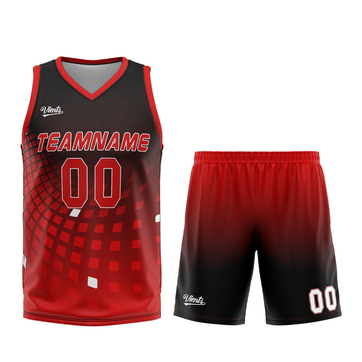 Uniforme de baloncesto personalizado en negro y rojo con tu logotipo-nombre y número impresos