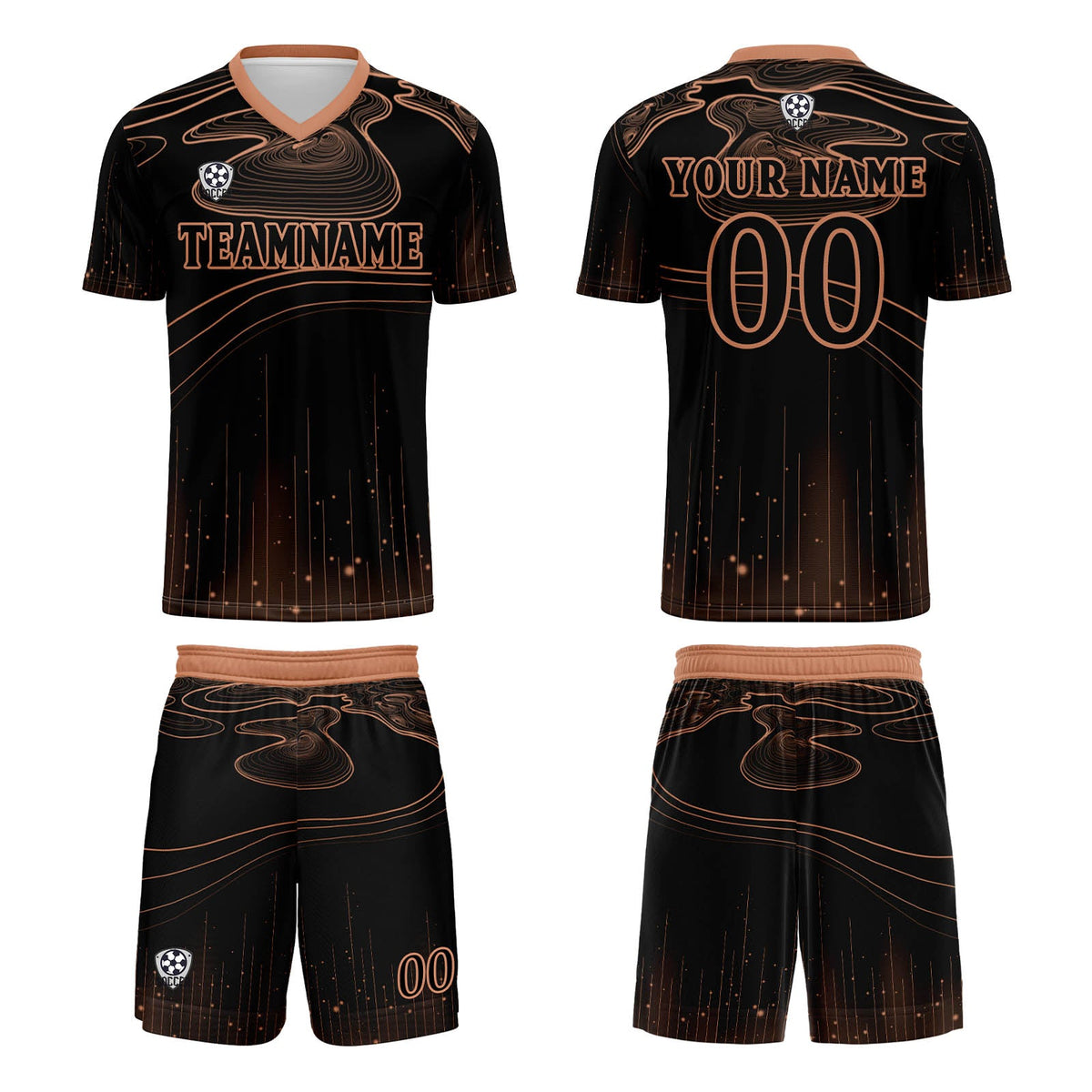 Conjunto personalizado de camiseta de fútbol negra y naranja para niños y adultos