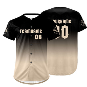 Camiseta de béisbol personalizada negra y beige con degradado uniformes de equipo con nombre y número