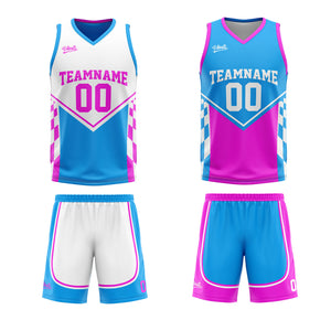 Traje de baloncesto reversible azul claro y rosa personalizado para adultos y niños