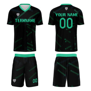 Conjunto personalizado de camiseta de fútbol negra y verde hierba para niños y adultos