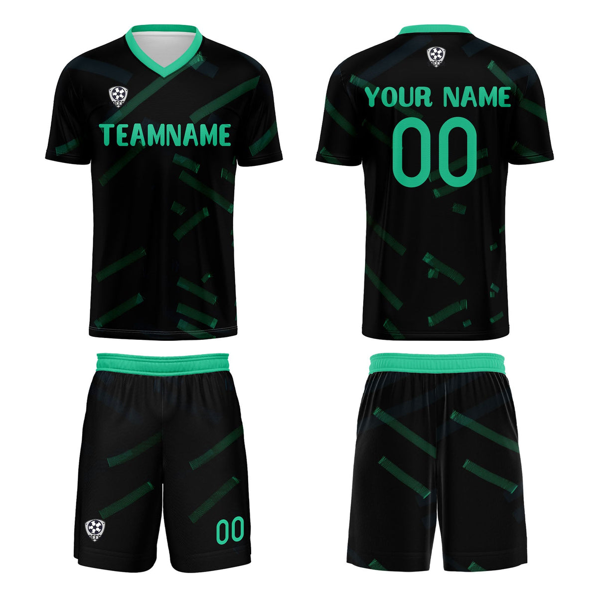 Conjunto personalizado de camiseta de fútbol negra y verde hierba para niños y adultos