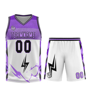 Uniforme de baloncesto personalizado blanco y morado con tu logotipo-nombre y número impresos