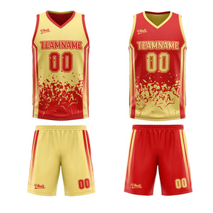 Traje de baloncesto reversible rojo y amarillo personalizado para adultos y niños