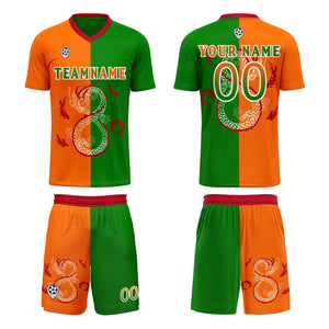 Conjunto personalizado de camiseta de uniforme naranja y verde para niños y adultos