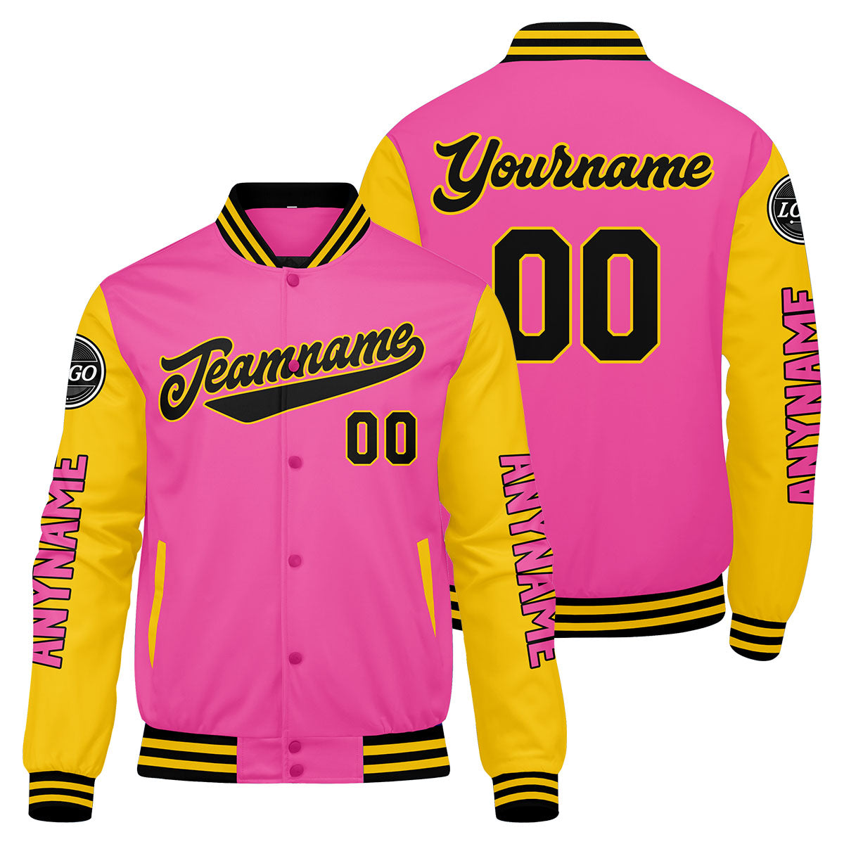 Chaquetas universitarias personalizadas en rosa & amarillo y negro para hombres & mujeres y jóvenes & Chaquetas tipo Letterman personalizadas