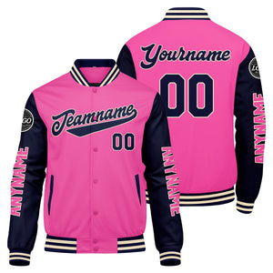 Chaquetas universitarias personalizadas en rosa y azul marino para hombres & mujeres y jóvenes & Chaquetas Letterman personalizadas