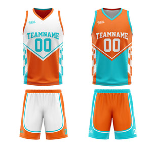 Traje de baloncesto reversible naranja y cian personalizado para adultos y niños