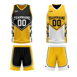 Traje de baloncesto reversible negro y amarillo personalizado para adultos y niños