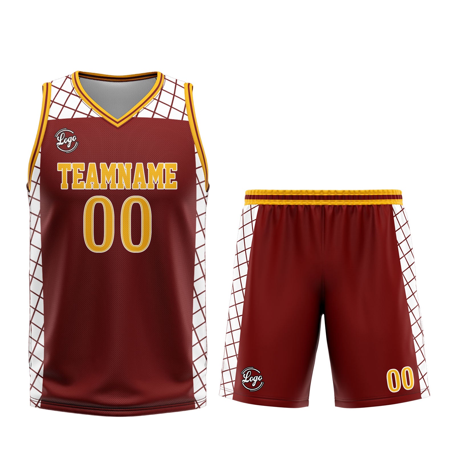 Uniforme de baloncesto personalizado color burdeos y amarillo con tu logotipo-nombre y número impresos