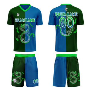 Conjunto personalizado de camiseta de uniforme azul y verde para niños y adultos