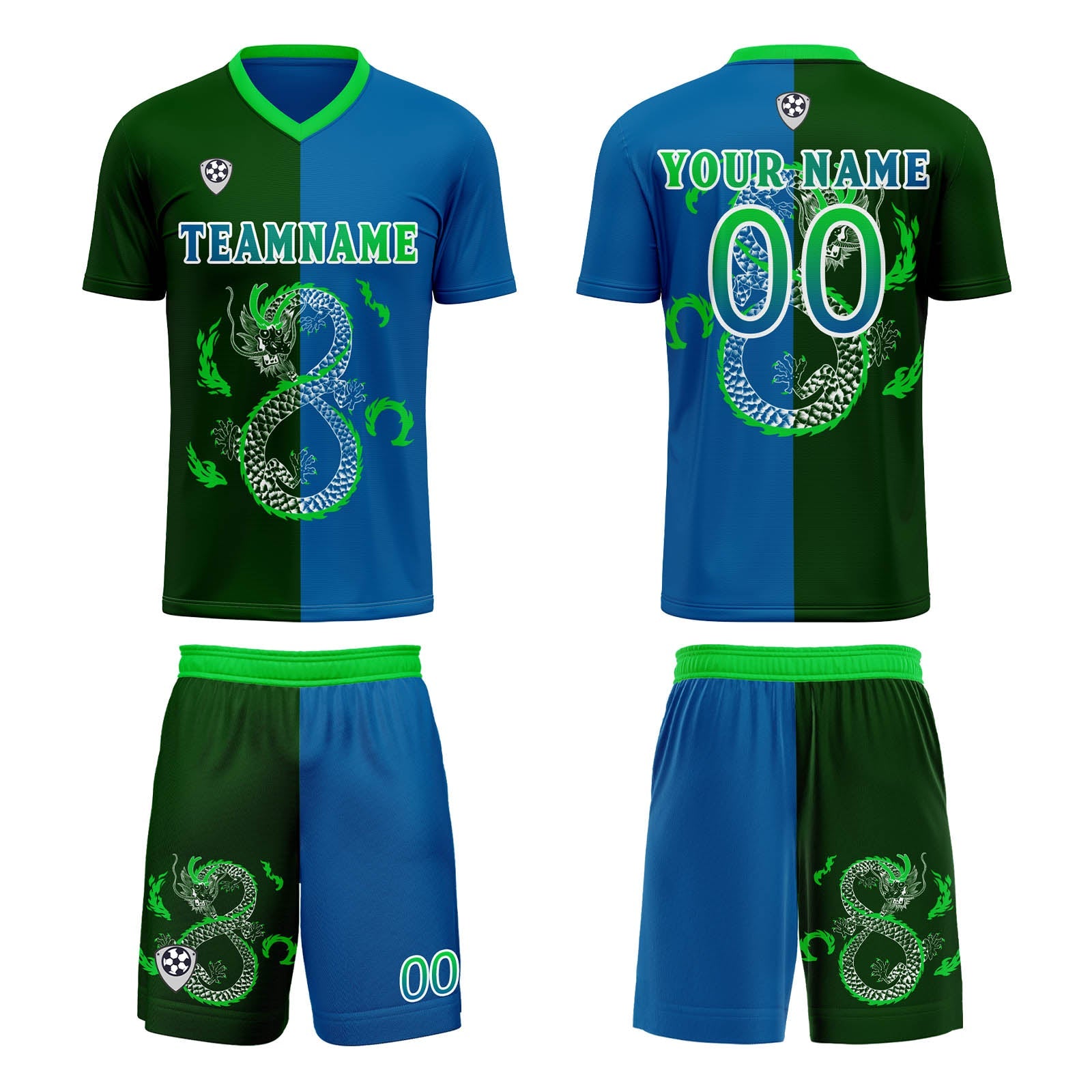 Conjunto personalizado de camiseta de uniforme azul y verde para niños y adultos