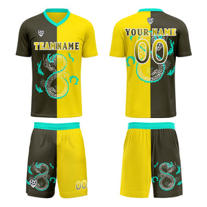 Conjunto personalizado de camiseta de uniforme amarilla y verde oliva para niños y adultos