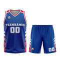 Uniforme de baloncesto personalizado azul y rojo con tu logotipo-nombre y número impresos