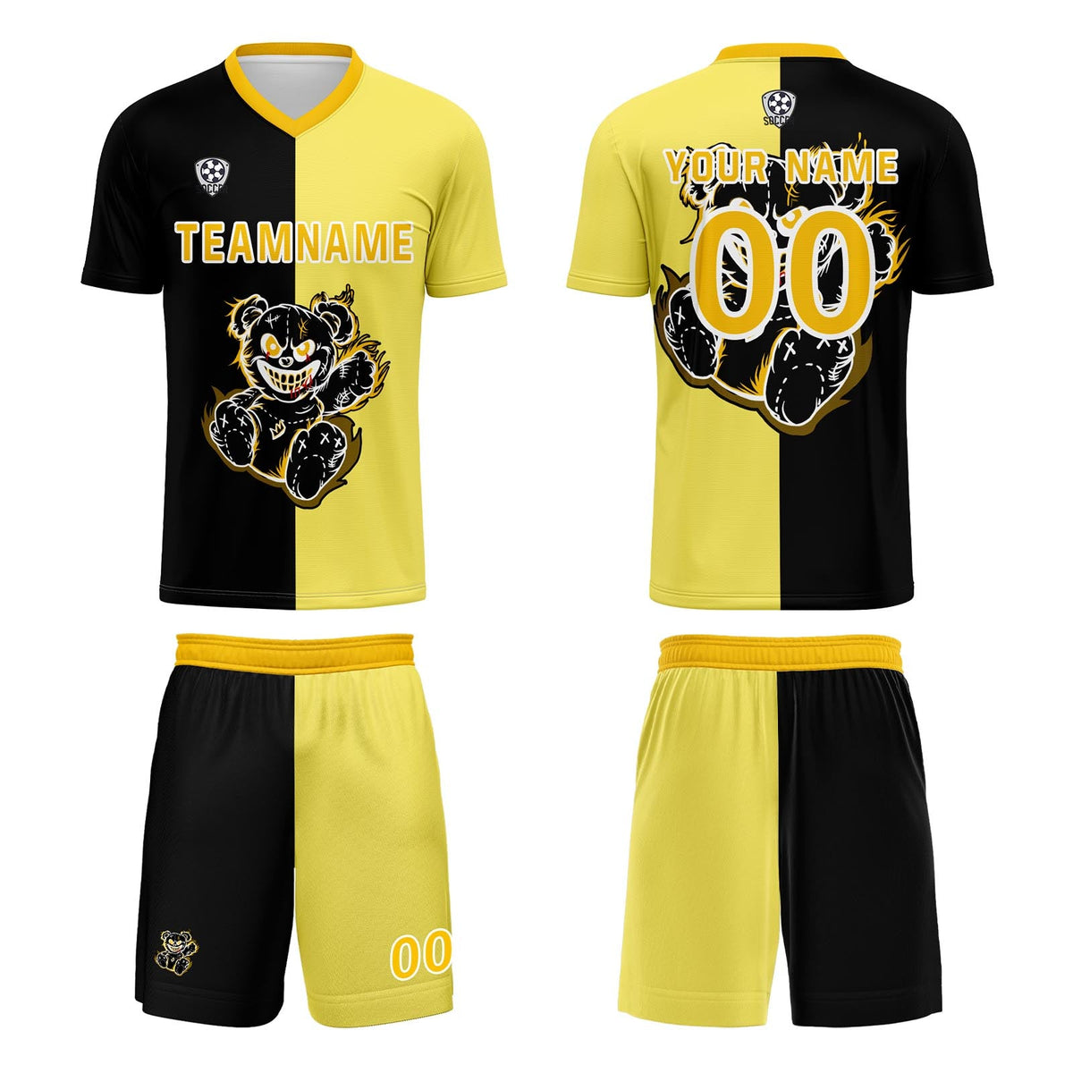 Conjunto personalizado de camiseta de fútbol negra y amarilla para niños y adultos