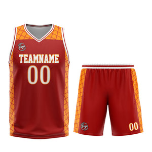 Uniforme de baloncesto personalizado rojo y naranja con tu logotipo-nombre y número impresos