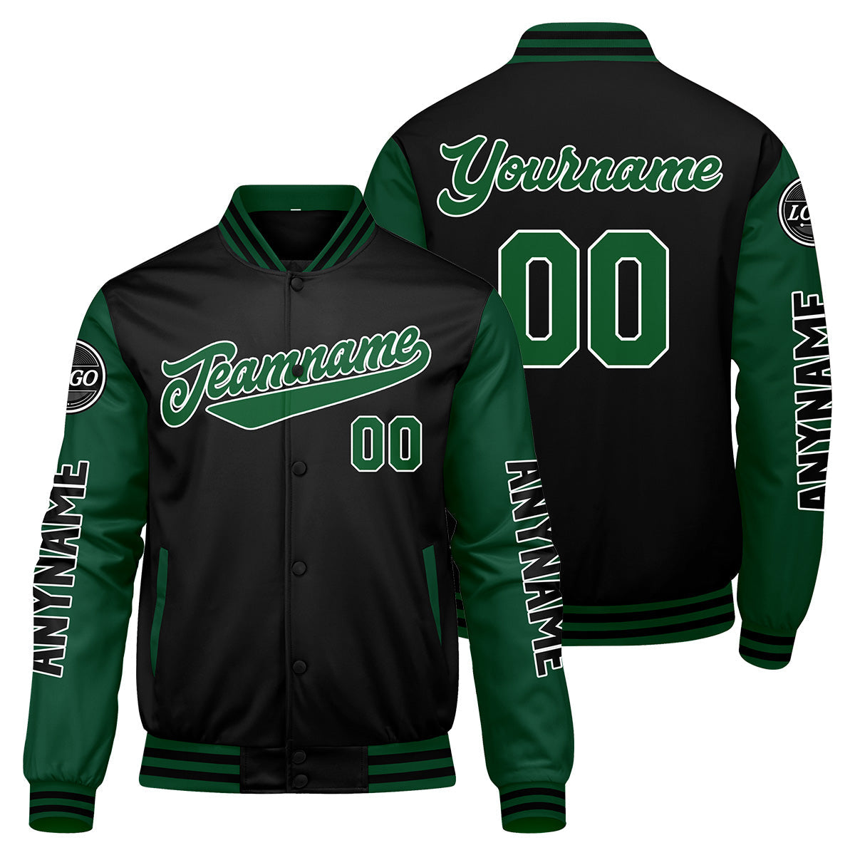 Chaquetas universitarias personalizadas en verde y negro para hombres & mujeres y jóvenes & Chaquetas Letterman personalizadas