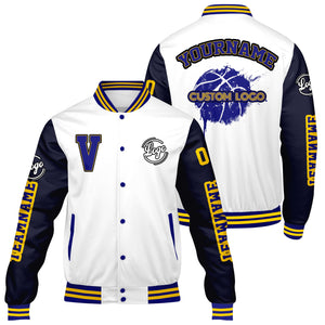 Chaquetas universitarias personalizadas blancas y azul oscuro para hombres & mujeres y jóvenes & Chaquetas Letterman personalizadas