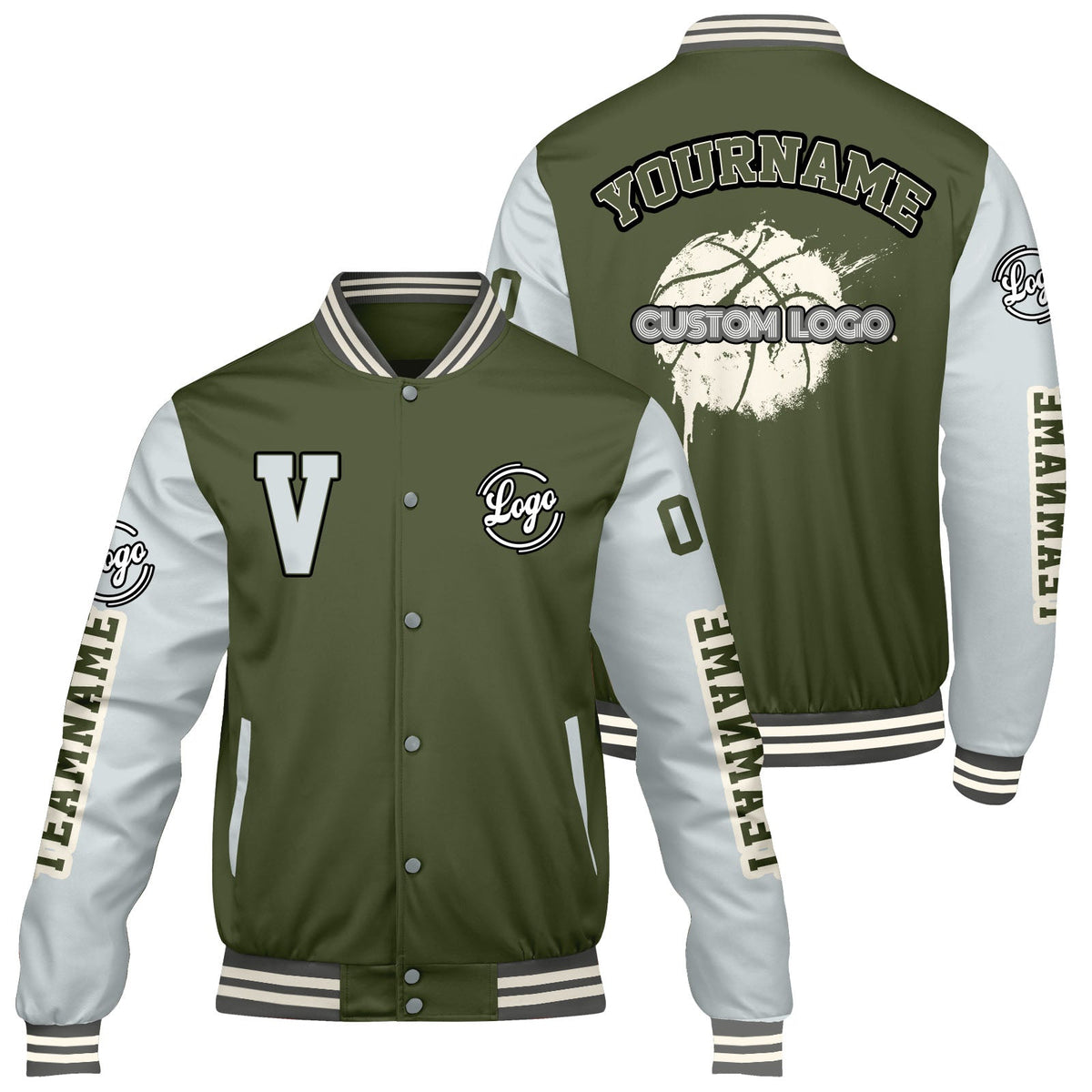 Chaquetas universitarias personalizadas en verde oliva y gris para hombres & mujeres y jóvenes & Chaquetas tipo Letterman personalizadas