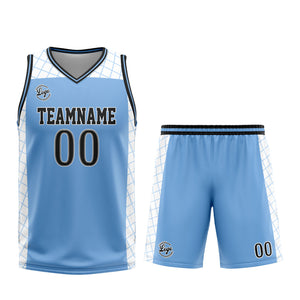 Uniforme de baloncesto personalizado azul claro y negro con tu logotipo-nombre y número impresos