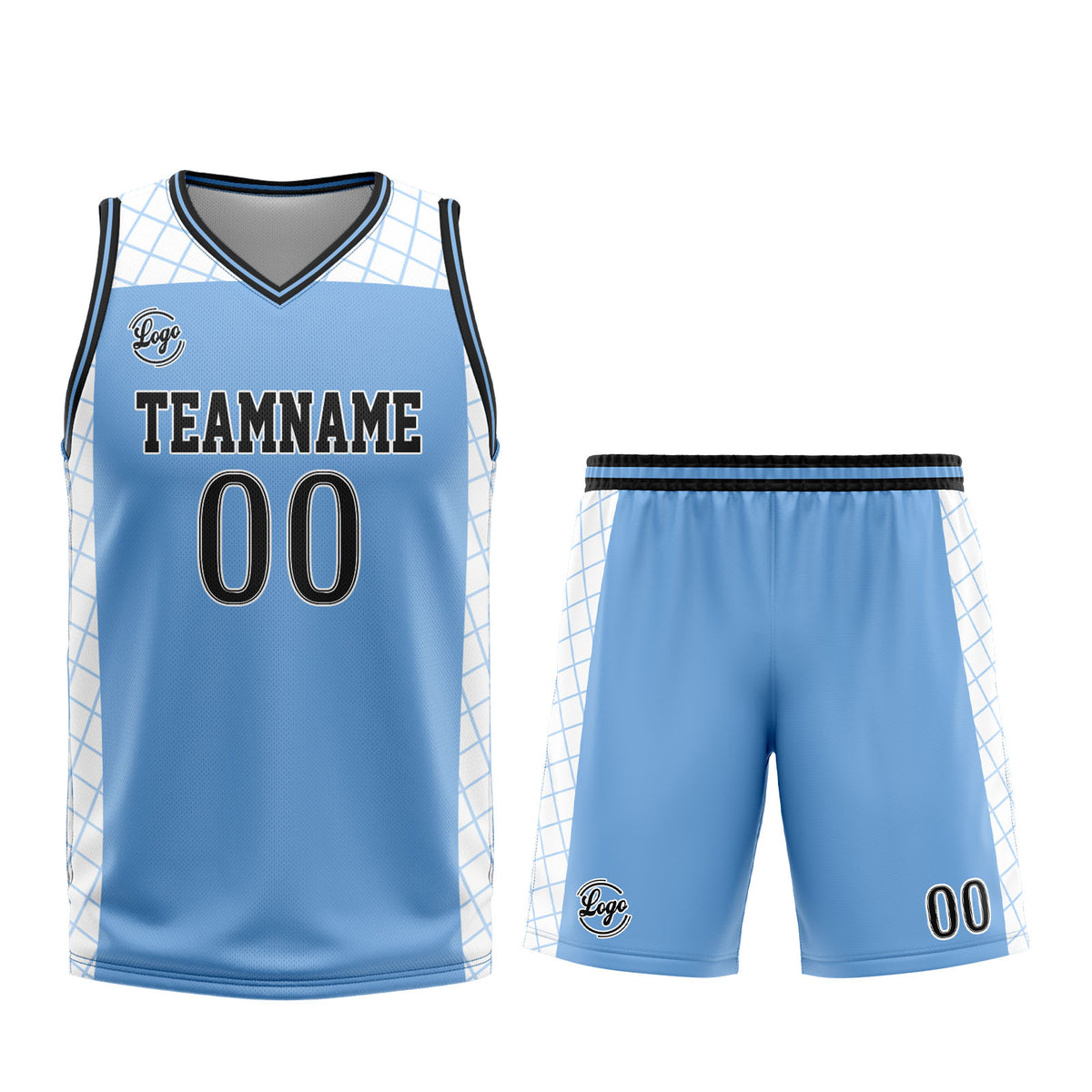 Uniforme de baloncesto personalizado azul claro y negro con tu logotipo-nombre y número impresos