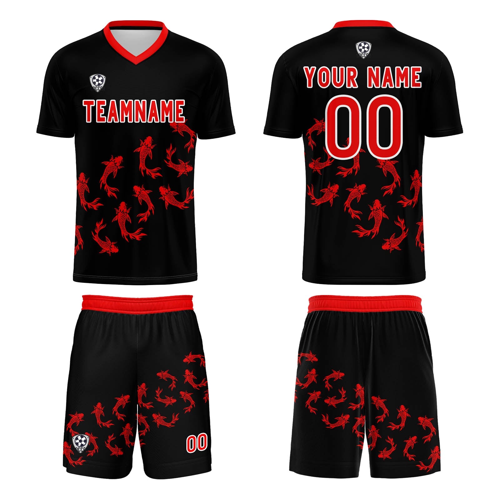 Conjunto personalizado de camiseta de fútbol negra y roja para niños y adultos