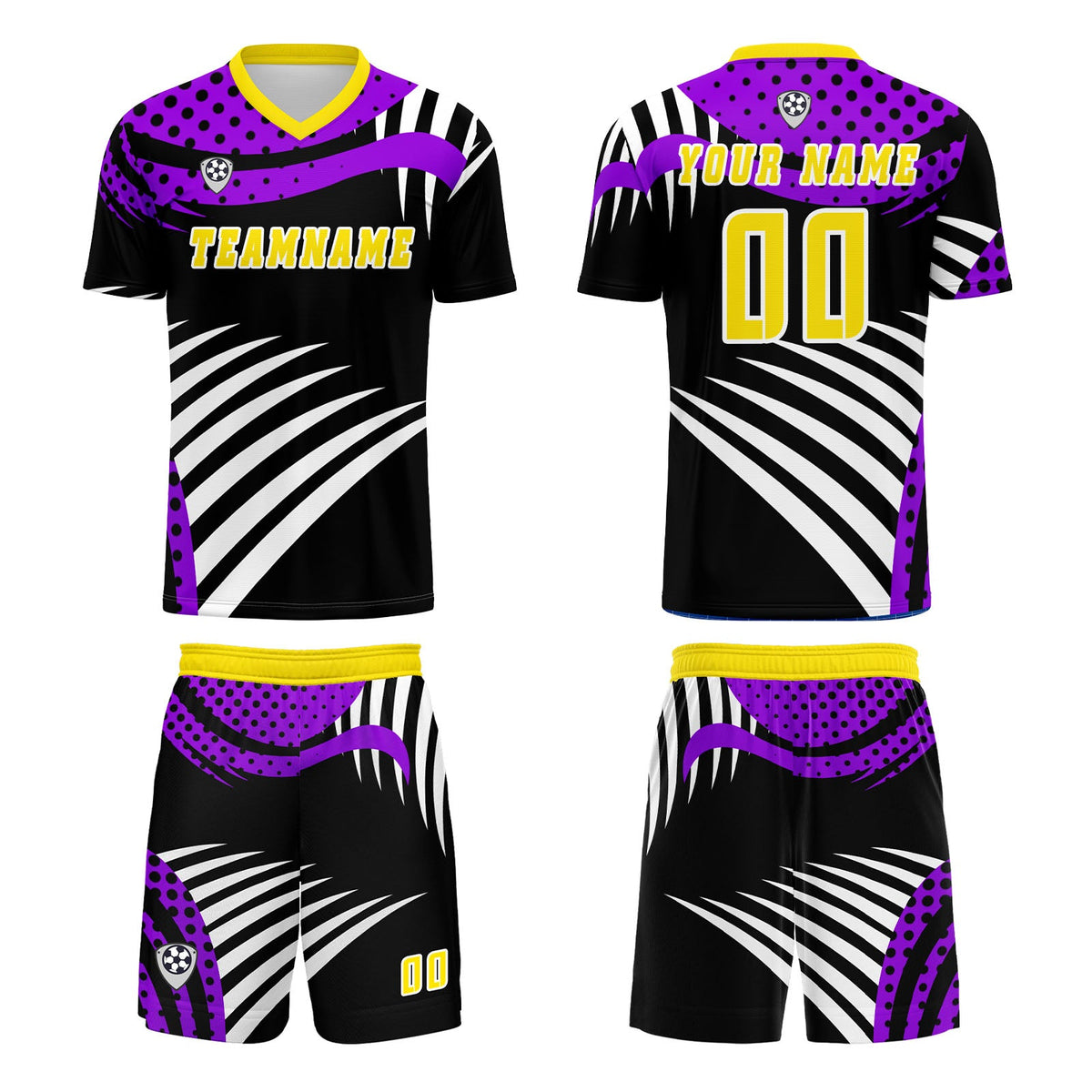 Conjunto personalizado de camiseta de uniforme amarilla y morada para niños y adultos