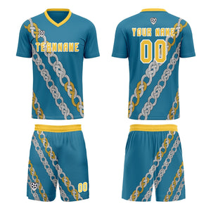 Conjunto personalizado de camiseta de uniforme azul y amarillo para niños y adultos