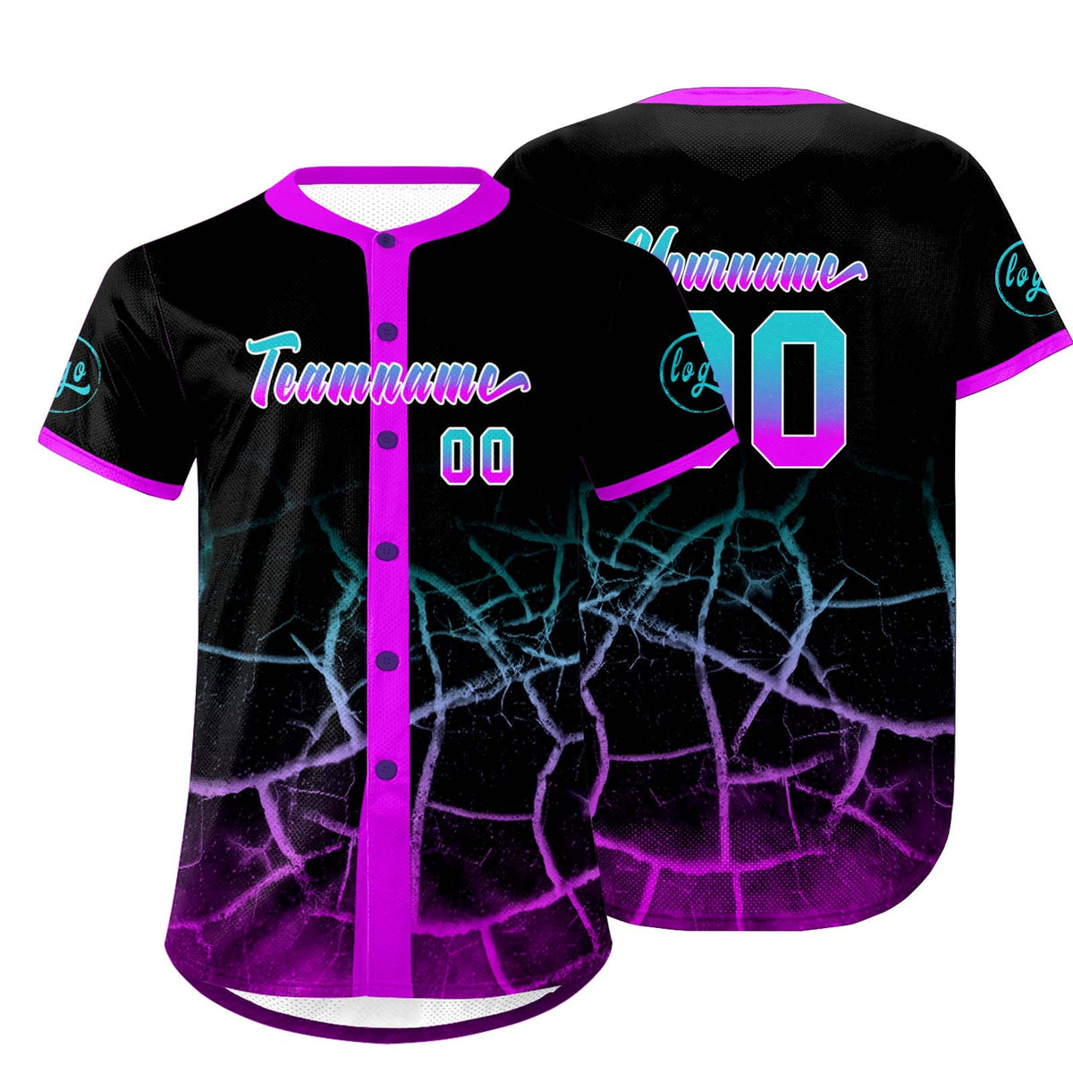 Camiseta de béisbol personalizada negra morada brillante y azul lagos uniformes de equipo con degradado personalizado nombre y número